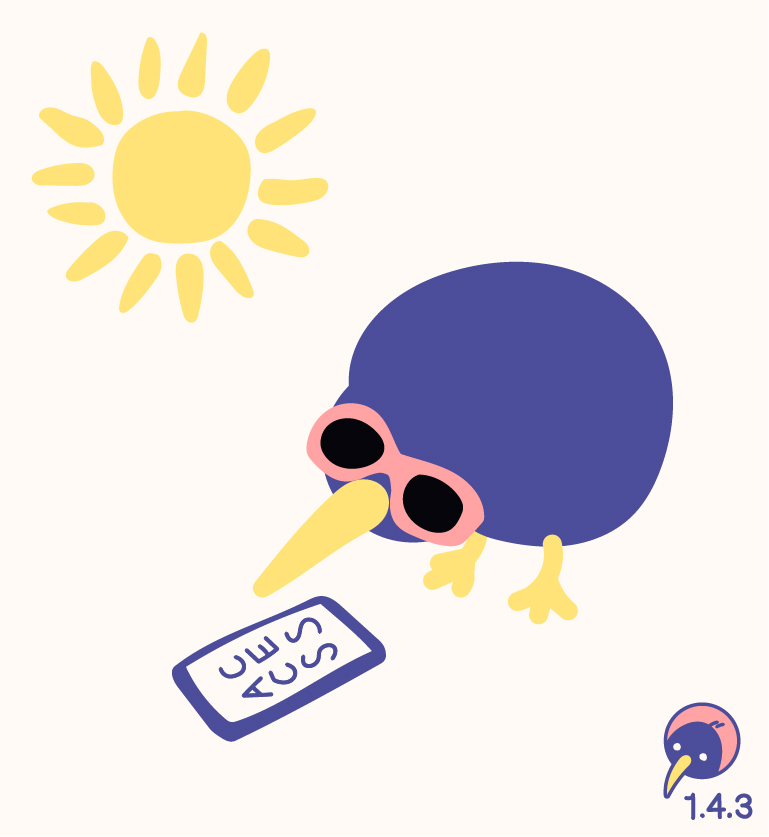 Kiwi wearing sunglasses and looking on a smartphone with the sun in the background.